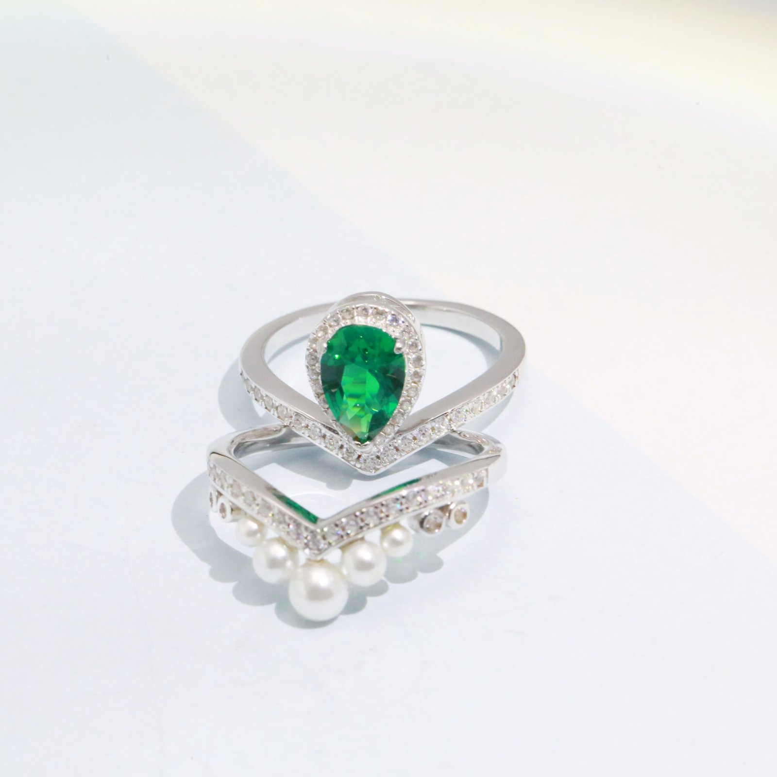 stacking Emerald & Pearl Stackable Ring Set